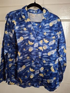 Vintage Character Celestial Pajama Set S Blue Moon Stars Clouds Y2K (Cfd011)